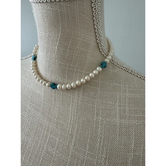 Handmade Freshwater‎ Pearl and Turquoise Dyed Magnesite Cross Necklace - Picture 1 of 5